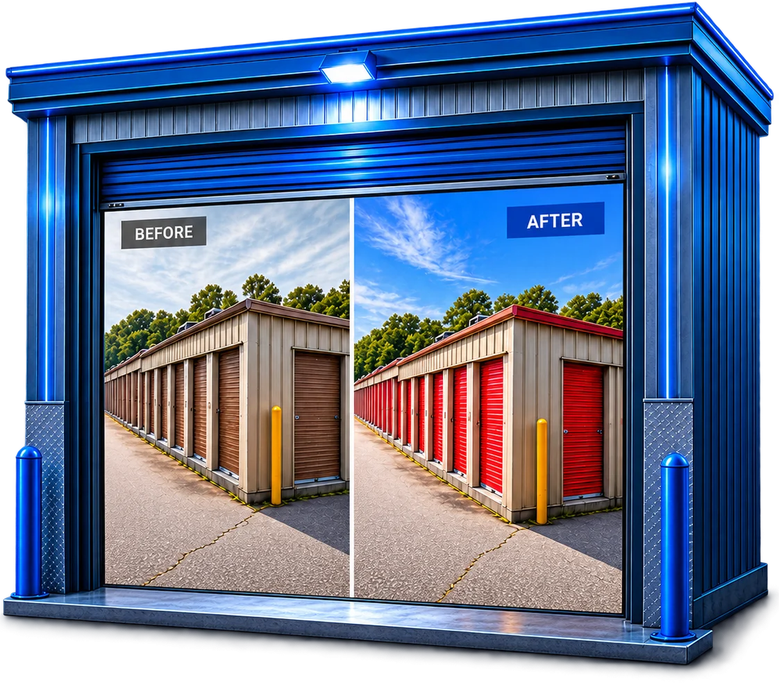 Before and after views of a self-storage facility changing from brown to red roll-up doors, presented within a wide blue metal storage-unit structure