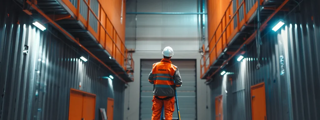 a professional painting service provider carefully inspecting a storage facility, surrounded by a diverse portfolio of successful past projects.