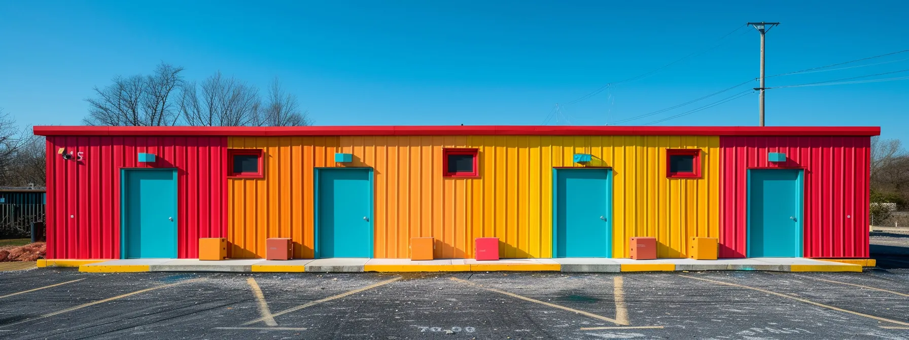 a vibrant, freshly painted storage facility with bold colors and clean lines, showcasing the impact of professional painting on property potential.